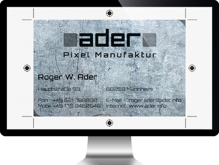 ADER Pixel Manufaktur - Visitenkarte Druckvorlage auf Computerbildschirm